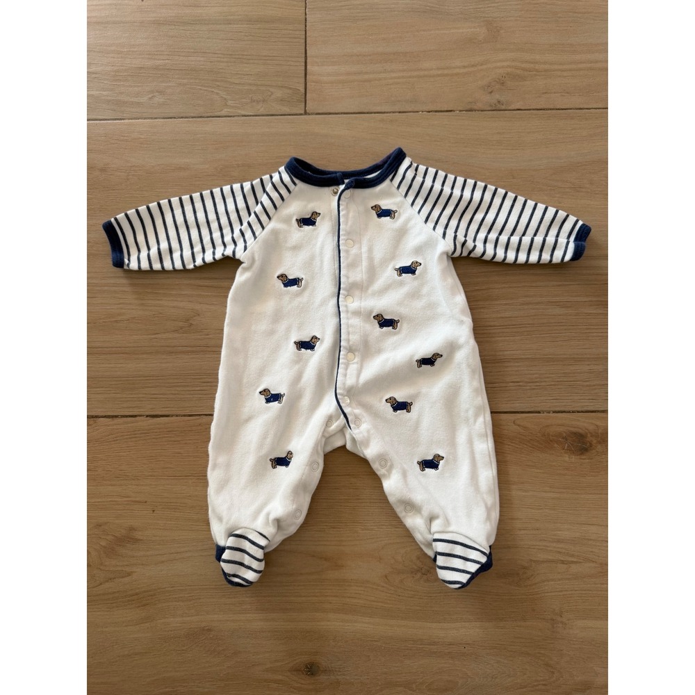 Little Me Newborn Footed Sleeper White Navy Blue Striped Dachshund Dog Puppy